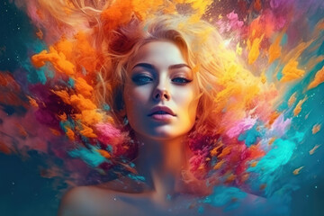 The photo reveals the face of a model emerging from colorful dust, creating a stunning and artistic visual effect. Generative Ai, Ai.