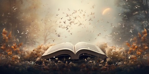 An open book is lying on the ground surrounded by trees, AI