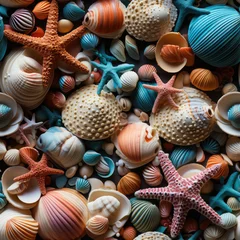 Deurstickers Sea shells, fossils and mollusks repeat pattern. Summer beach background © Roman