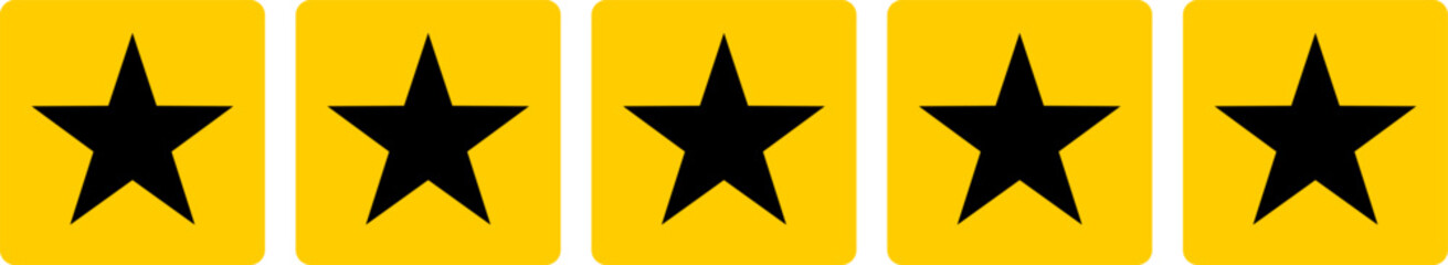 Golden Yellow Black Five 5 Stars in Soft Square Icon Quality Review Symbol. Vector Image.