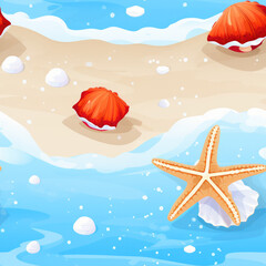 Obraz na płótnie Canvas Sea shells, fossils and mollusks repeat pattern. Summer beach cartoon background