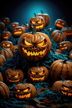 Halloween background. Jack lantern with candles. A row of creepy pumpkins with carved grimaces. Generative AI