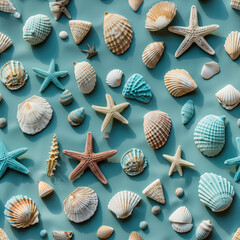 Sea shells, fossils and mollusks repeat pattern. Summer beach background