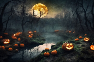 mystical forest on Halloween night, big full moon in the dark sky reflected in river, roots, atmospheric and fairytale