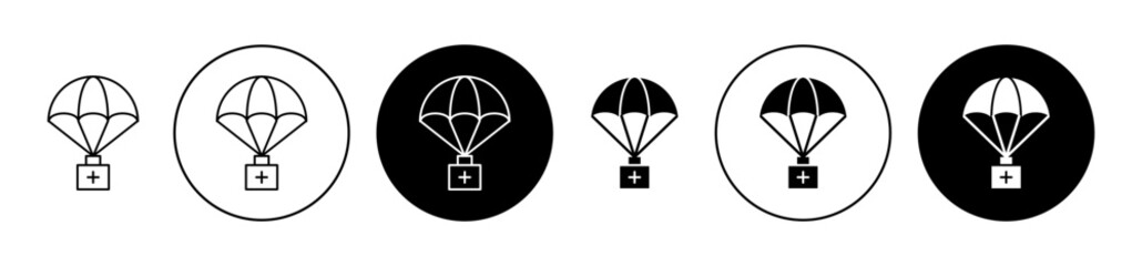 Parachute with first aid kit sign icon set. Disaster emergency relief goods vector symbol in black filled and outlined style. - obrazy, fototapety, plakaty