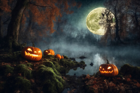 mystical forest on Halloween night, big full moon in the dark sky reflected in river, roots, atmospheric and fairytale