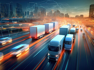 Fototapeta premium Aerial View of Delivery Trucks on Expressway