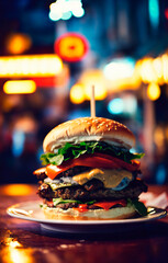 Hamburger on the table at night with bokeh background