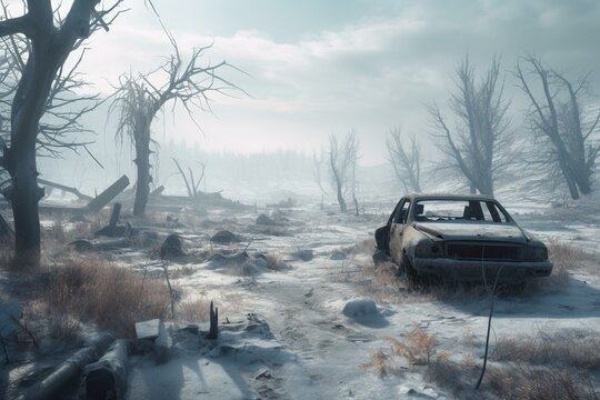 Post-apocalyptic landscape after a disastrous nuclear blast with a frozen environment and minimal human presence. Generative AI