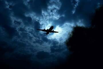 silhouette of aircraft soaring dark skies. Generative AI