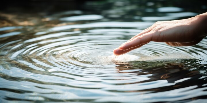 Hand gently touching the surface of a clear, still pond, capturing the ripples spreading outward, concept of Serenity