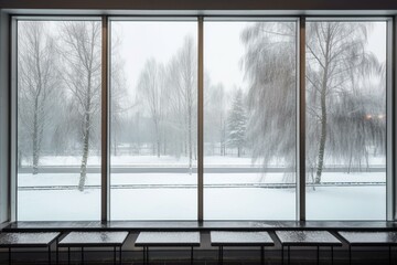 Scenic winter scenery seen from indoors. Generative AI