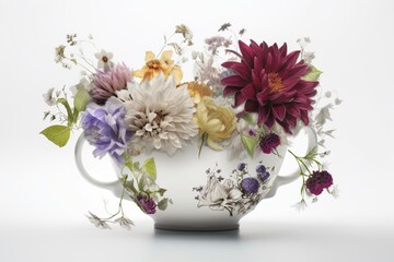 Floral artwork gracefully showcased in a cup or container, placed on a pure white backdrop. Generative AI