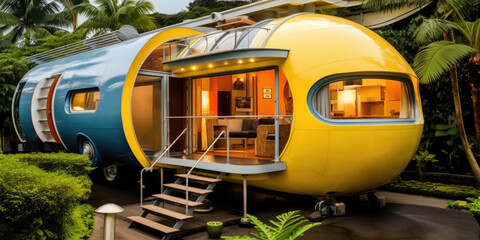 A yellow and blue camper with stairs, AI