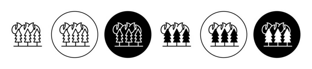 Wildfire disaster sign icon set. Forest tree bushfire vector symbol for ui designs. - obrazy, fototapety, plakaty