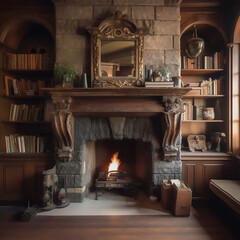 fireplace with book on the side and a mirror inn the middle