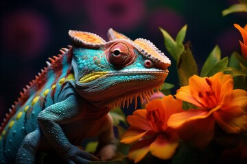 Colorful chameleon and exotic flower. AI generated