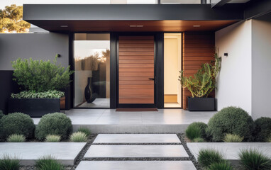 Contemporary house entrance door with a well-maintained garden and plants - obrazy, fototapety, plakaty