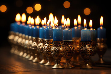 A menorah with lit candles, radiating a warm and comforting glow during Hanukkah. Generative Ai.