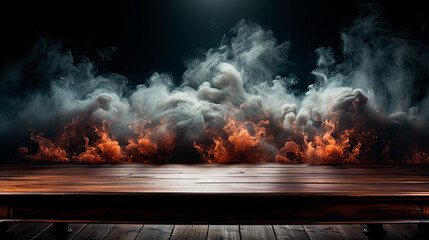 Empty wooden table with smoke float up on dark background