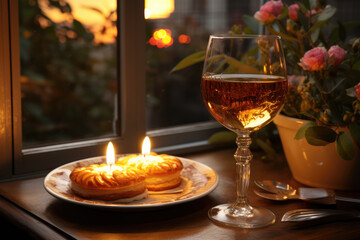 A peaceful Shabbat evening, with a lit candle and a glass of wine, welcoming the day of rest. Generative Ai.