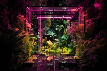Fluorescently lit tropical plants in a jungle environment framed by neon squares. Generative AI