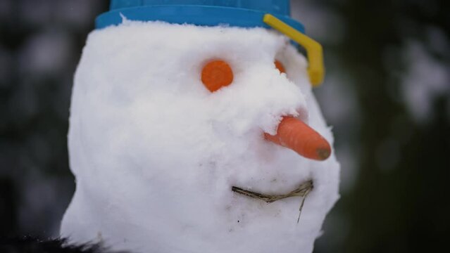 Portrait funny snowman with carrot eyes and nose and bucket hat on his head in winter. Wintertime, christmas eve, cold weather, new yaer