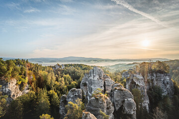 Hrubskalsko area in Czech republic in Czech paradise. Early morning sunset on a rocky mountain. Beautiful panorama landscape scenery. - obrazy, fototapety, plakaty