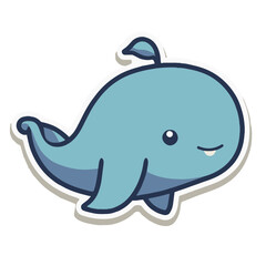 Minimalist Kawaii Blue Whale Sticker on White Background - Cute Japanese Marine Life Vector Illustration