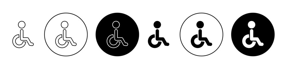 Wheelchair icon set. Disability electric wheel chair vector symbol in black filled and outlined style.