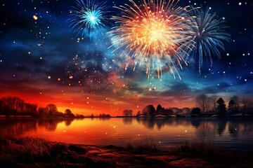 Fototapeta na wymiar happy new year, celebration 2024 sparkes, banner, beautiful landscape, generative ai