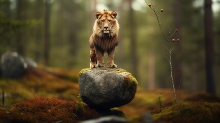 life in the Scandinavian jungle and lions; abstract, detailed, bokeh and symbolic styles. 8k, ultra HD, sharp photography.