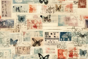 Fotobehang Grunge vlinders Butterflies and postage stamps in vintage mixed media seamless repeatable pattern