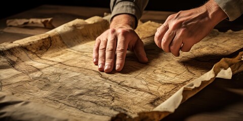 Hands unfolding an aged, weathered map of a long-lost city , concept of Exploration - obrazy, fototapety, plakaty