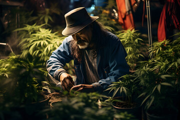 Mann bietet Cannabis Pflanzen zum Verkauf auf einem Markt an - obrazy, fototapety, plakaty