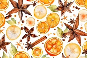 Pattern of oranges, vanilla, star anise, and cinnamon on white. Watercolor artwork. Generative AI