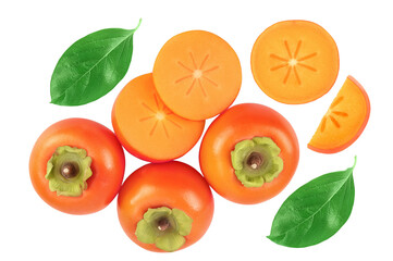 Persimmon fruit isolated on white background with full depth of field. Top view. Flat lay