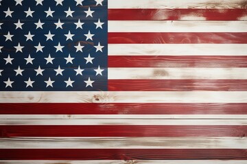Naklejka premium American flag on bleached wooden planks, grunge vintage effect, AI Generated