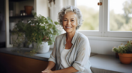 Smiling middle aged woman sitting on sofa at home, single mature senior in living room