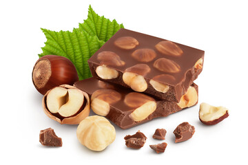 Chocolate with hazelnuts isolated on white background with full depth of field.