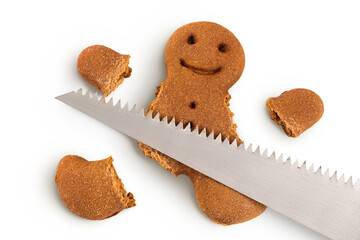 Gingerbread man isolated on white background. Top view. Flat lay.