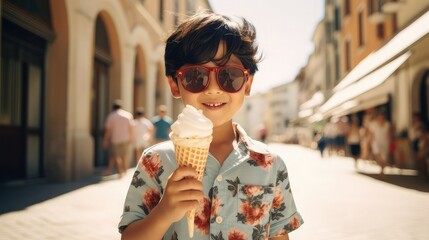 Happy young boy with red sunglasses holding an ice cream in a town in Italy. Generative AI