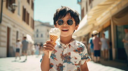 Happy young boy with sunglasses holding an ice cream in a town in Italy. Generative AI