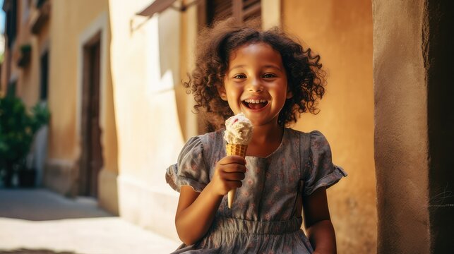Smiling little girl, with curly hair, holds an ice cream on the street. Generative AI