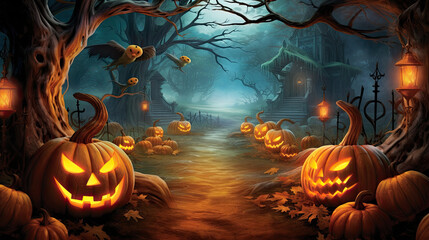 Enchanting Halloween Night: Moonlit Jack-o-Lanterns and Bewitching Creatures