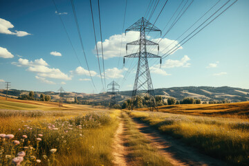 A bundle of high-voltage cables suspended on towering transmission towers, transporting electricity across vast distances. Concept of electrical distribution. Generative Ai.