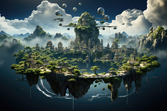 A surreal dreamscape where floating islands defy gravity, suspended in an infinite sky, inviting exploration of the imagination. Concept of dreamlike abstraction. Generative Ai.