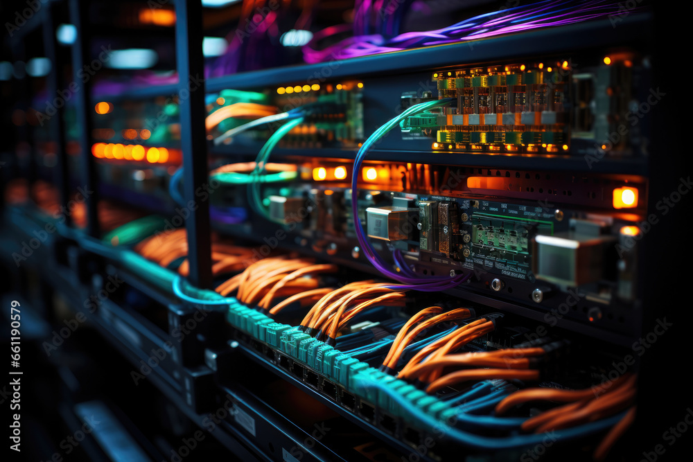 Poster a complex array of wires and cables converging at a data center, where servers process and transmit 