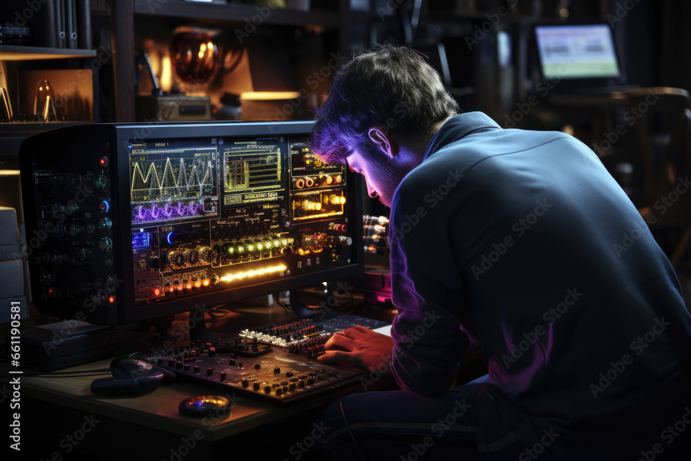 Poster a scientist observing an oscilloscope's display of electrical waveforms, studying the characteristic