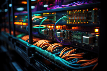 A complex array of wires and cables converging at a data center, where servers process and transmit information worldwide. Concept of data infrastructure. Generative Ai.